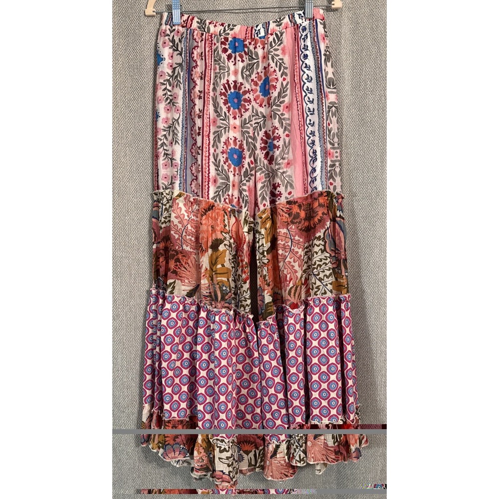 POL Mixed Print Patchwork Wide Leg Pants Women's Size Medium Floral Ruffle Boho